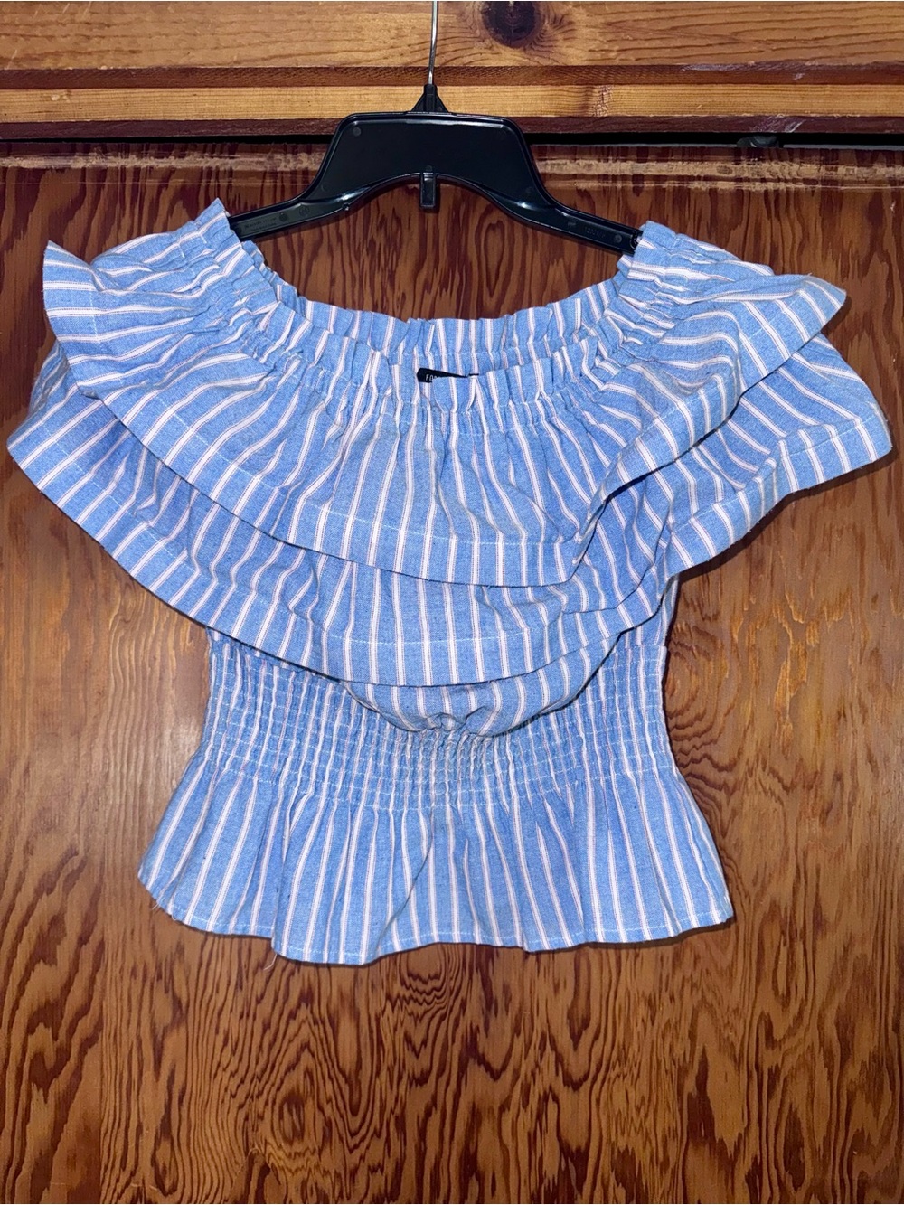 Forever 21 Blue & White Striped Off-Shoulder Ruffle Smocked Camisole